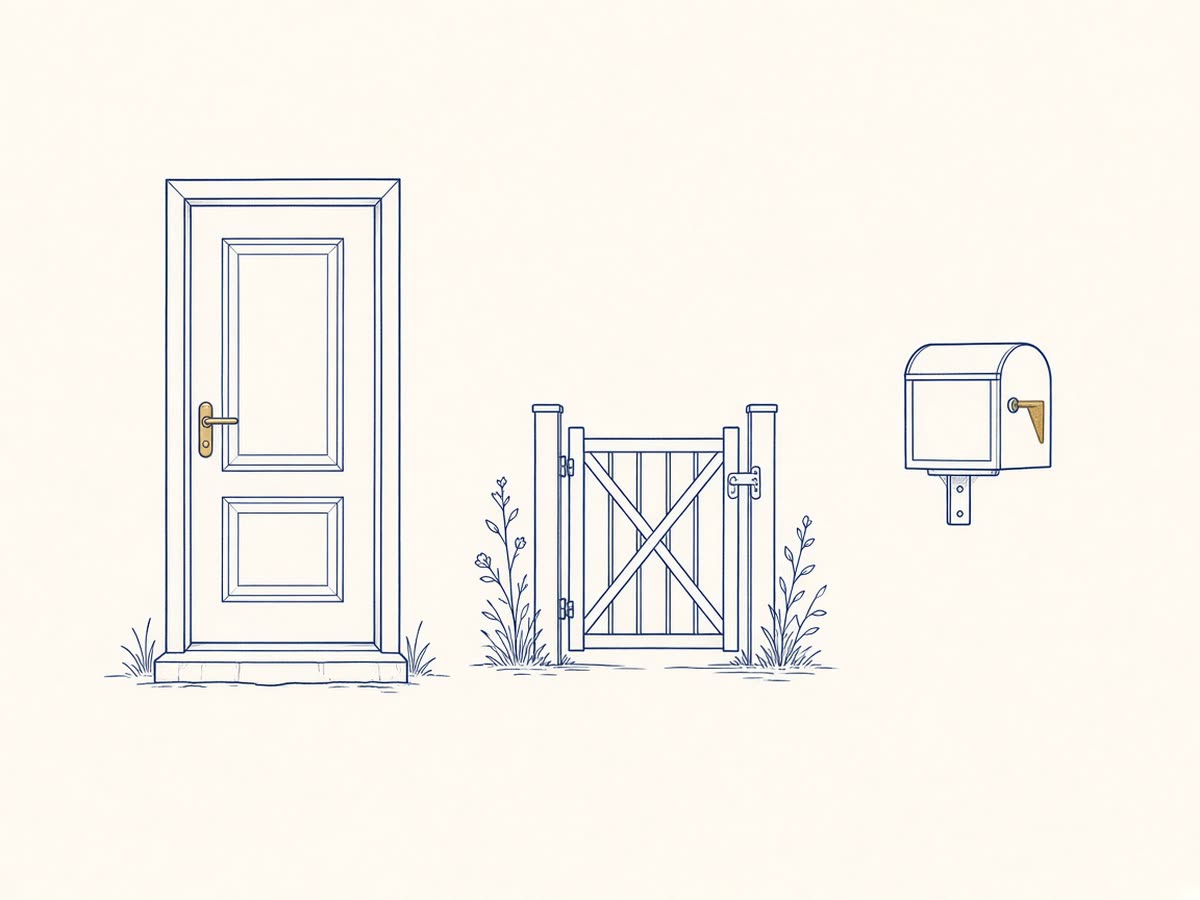 Line drawing of a front door with a gate latch and a wall mailbox beside it.