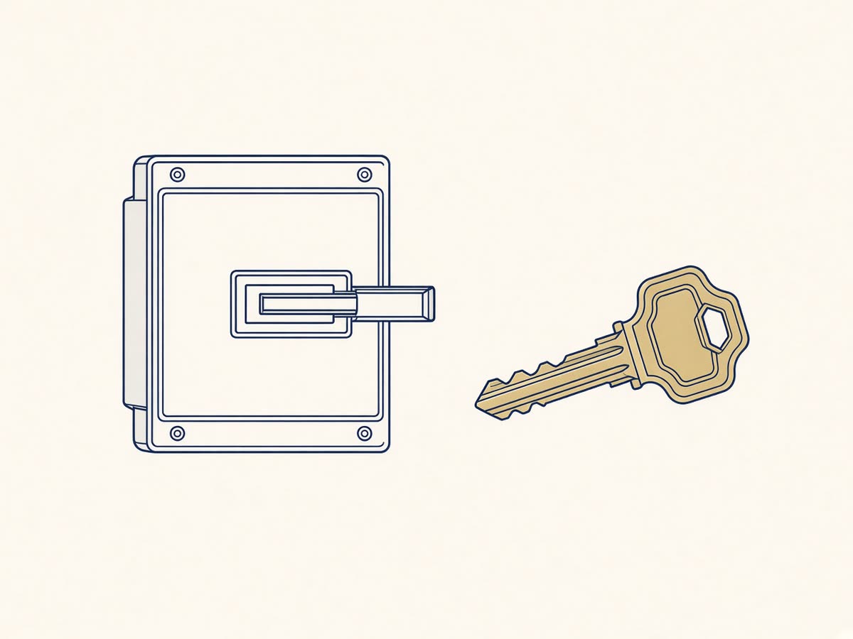 Line drawing of a heavy deadbolt with a restricted key beside it.