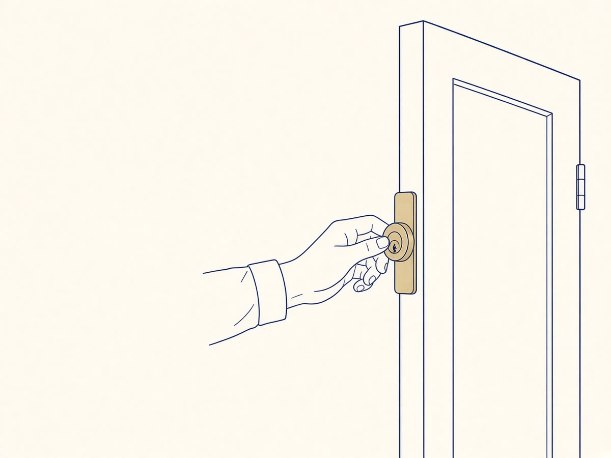 Line drawing of a locksmith fitting a deadbolt into an open door.