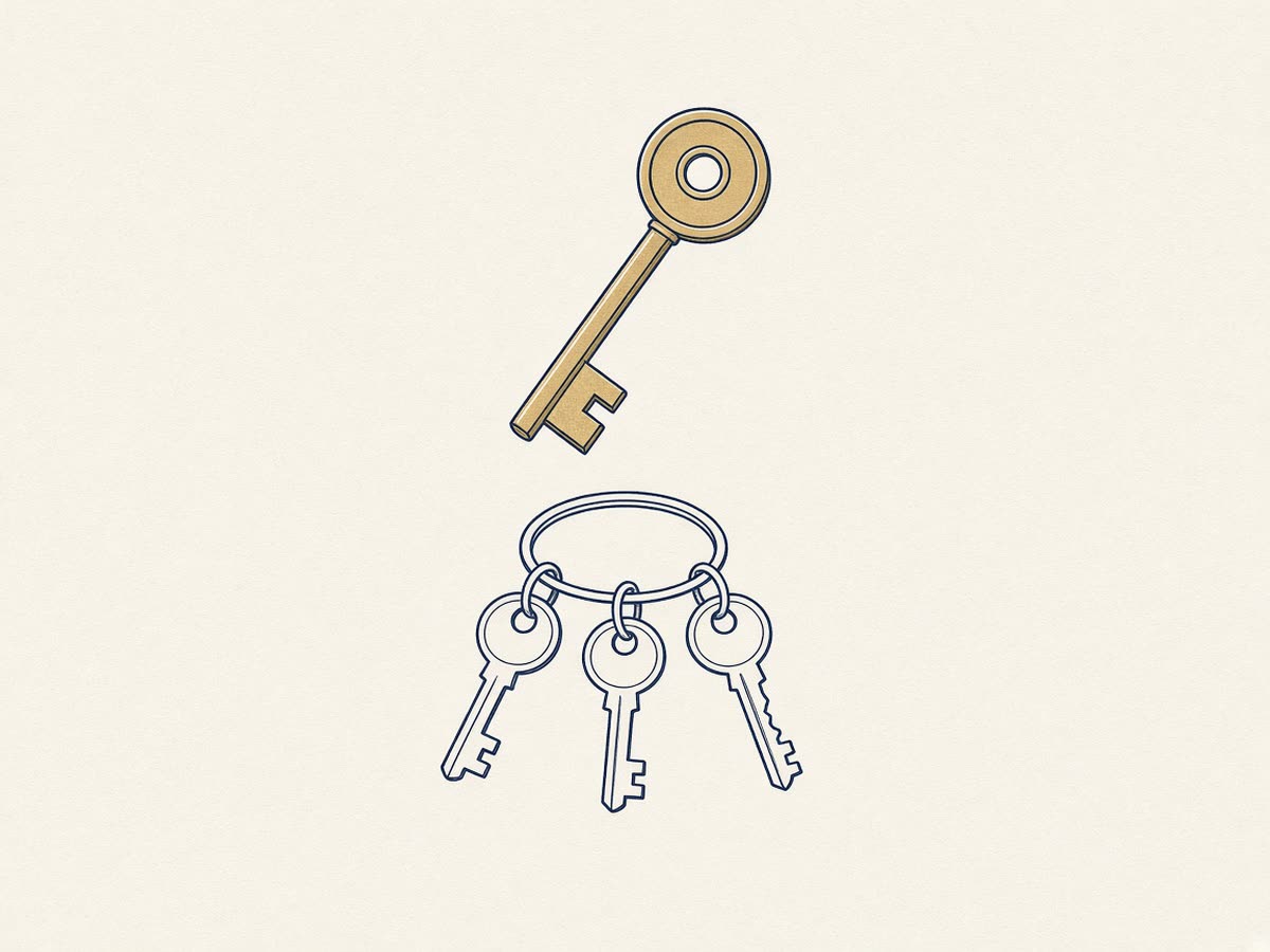 Line drawing of a large key ring holding one master key above three smaller keys.