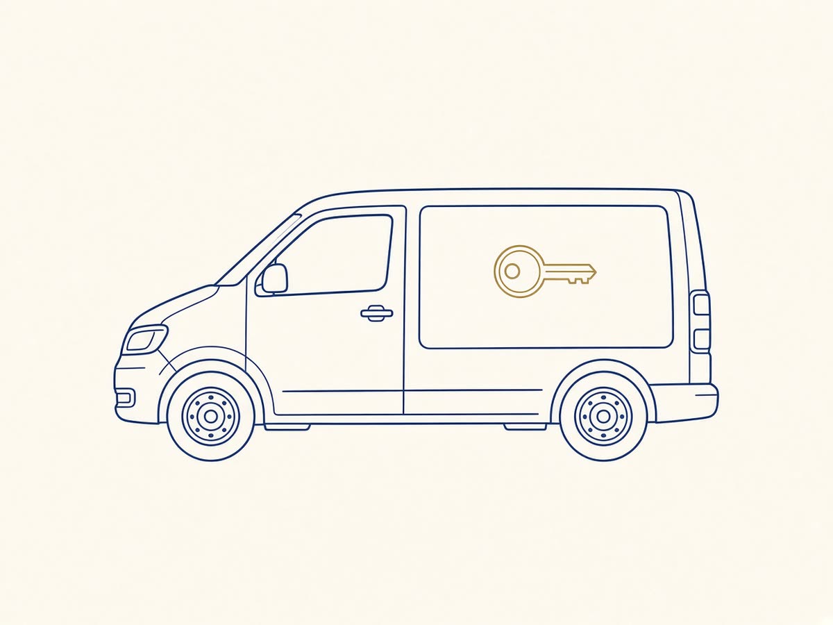 Line drawing of a service van with a key on its side.