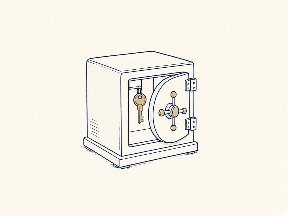 Line drawing of a small floor safe with its door open.
