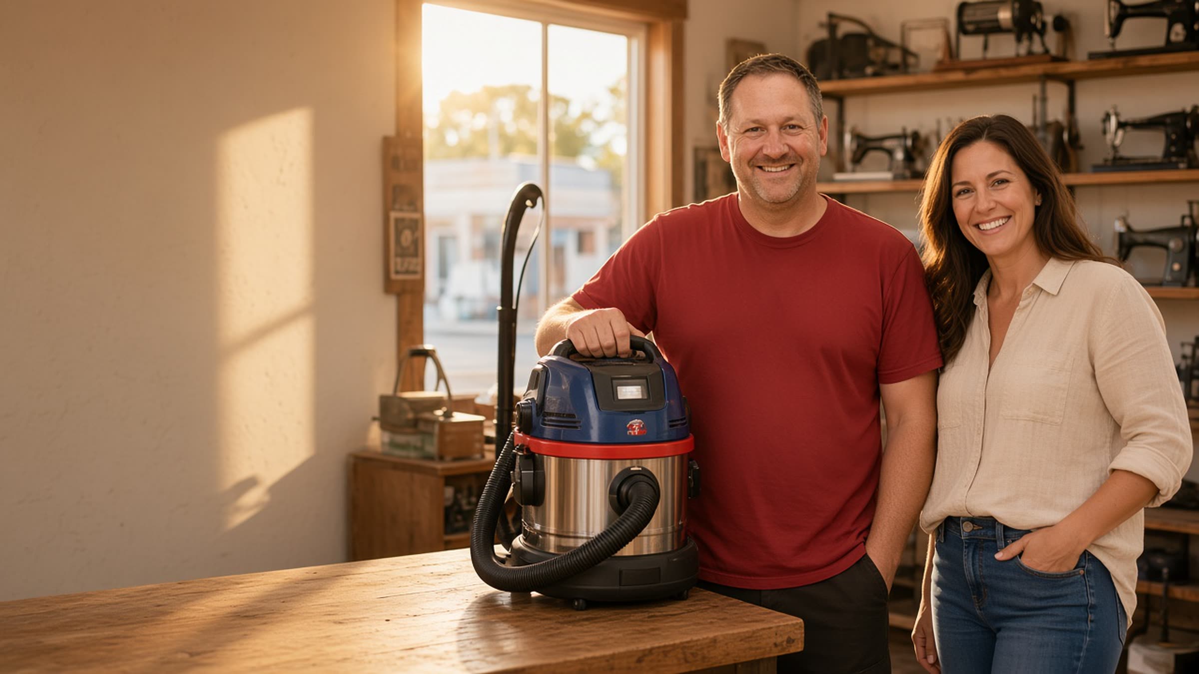 Repair technician handing a serviced vacuum cleaner back to a customer inside a neighborhood repair shop.