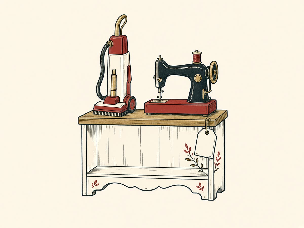 Line illustration of a storefront shelf with a vacuum and a sewing machine.