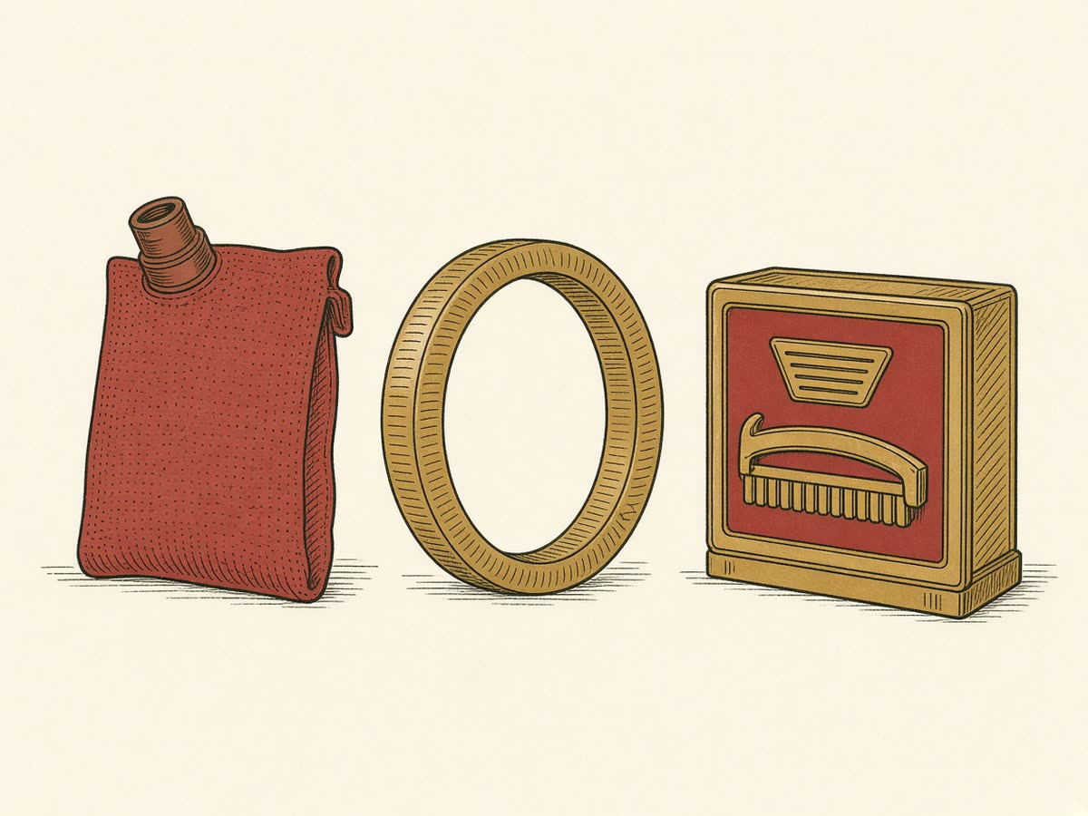 Line illustration of a vacuum bag, a belt, and a carpet cleaner box.