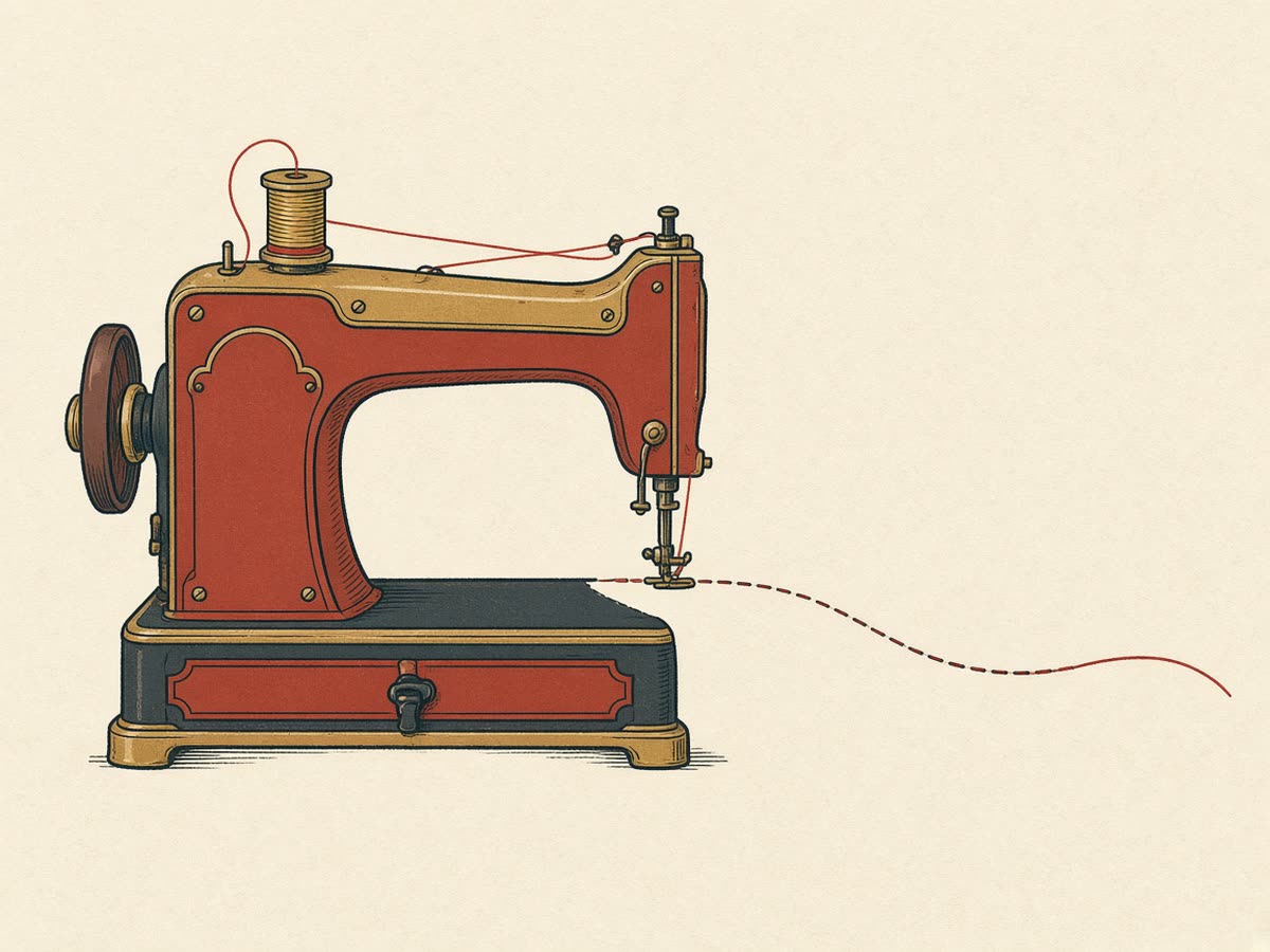 Line illustration of a sewing machine with a threaded needle.