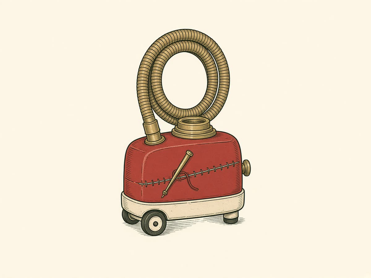 Line illustration of a canister vacuum cleaner with a stitched repair seam.