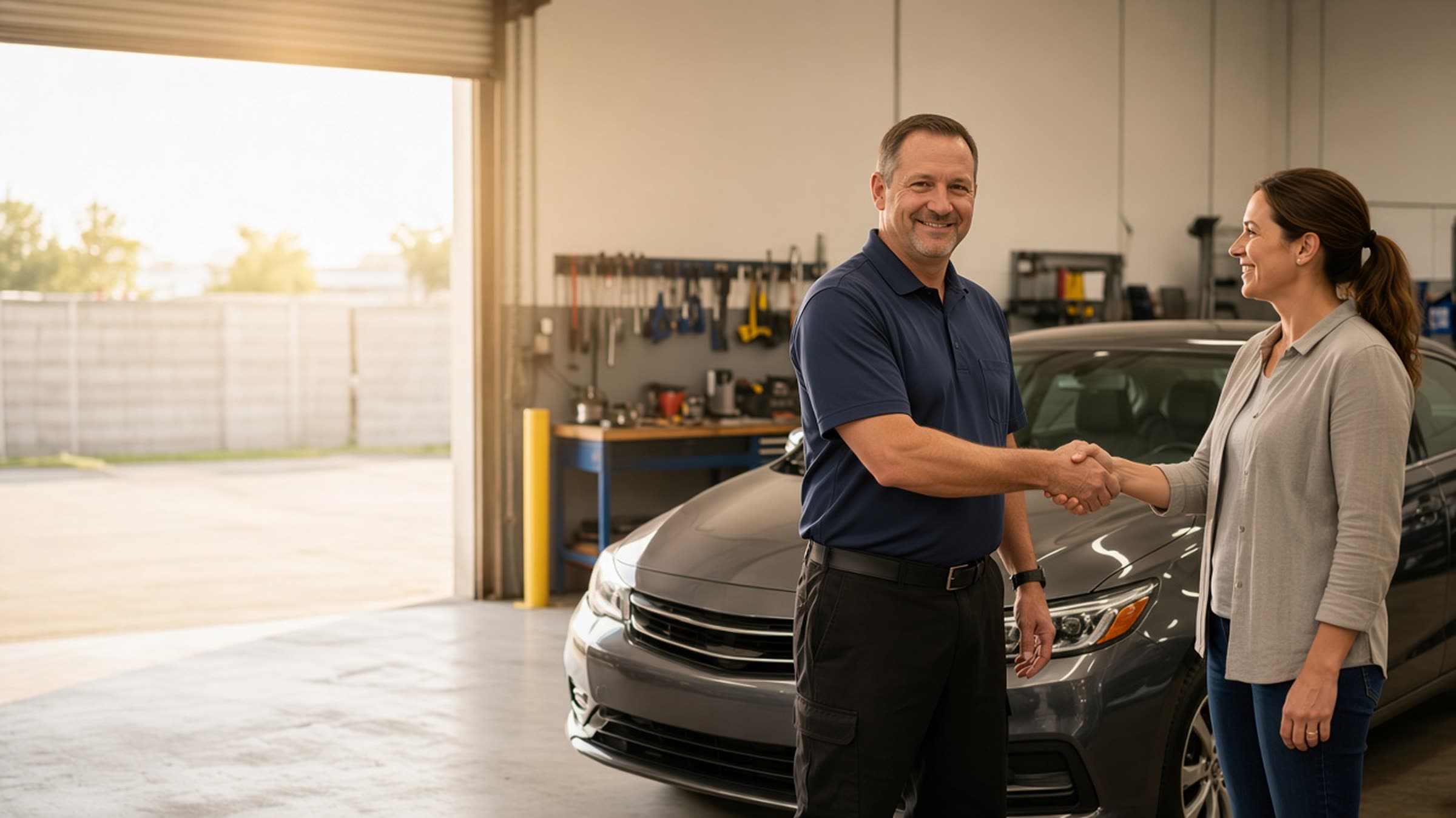 A smiling auto technician shaking hands with a customer beside a closed silver-gray sedan in a clean California repair shop.