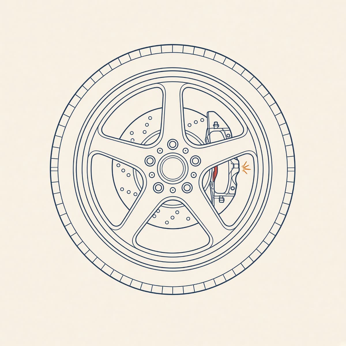 Line drawing of a car wheel with a brake disc.