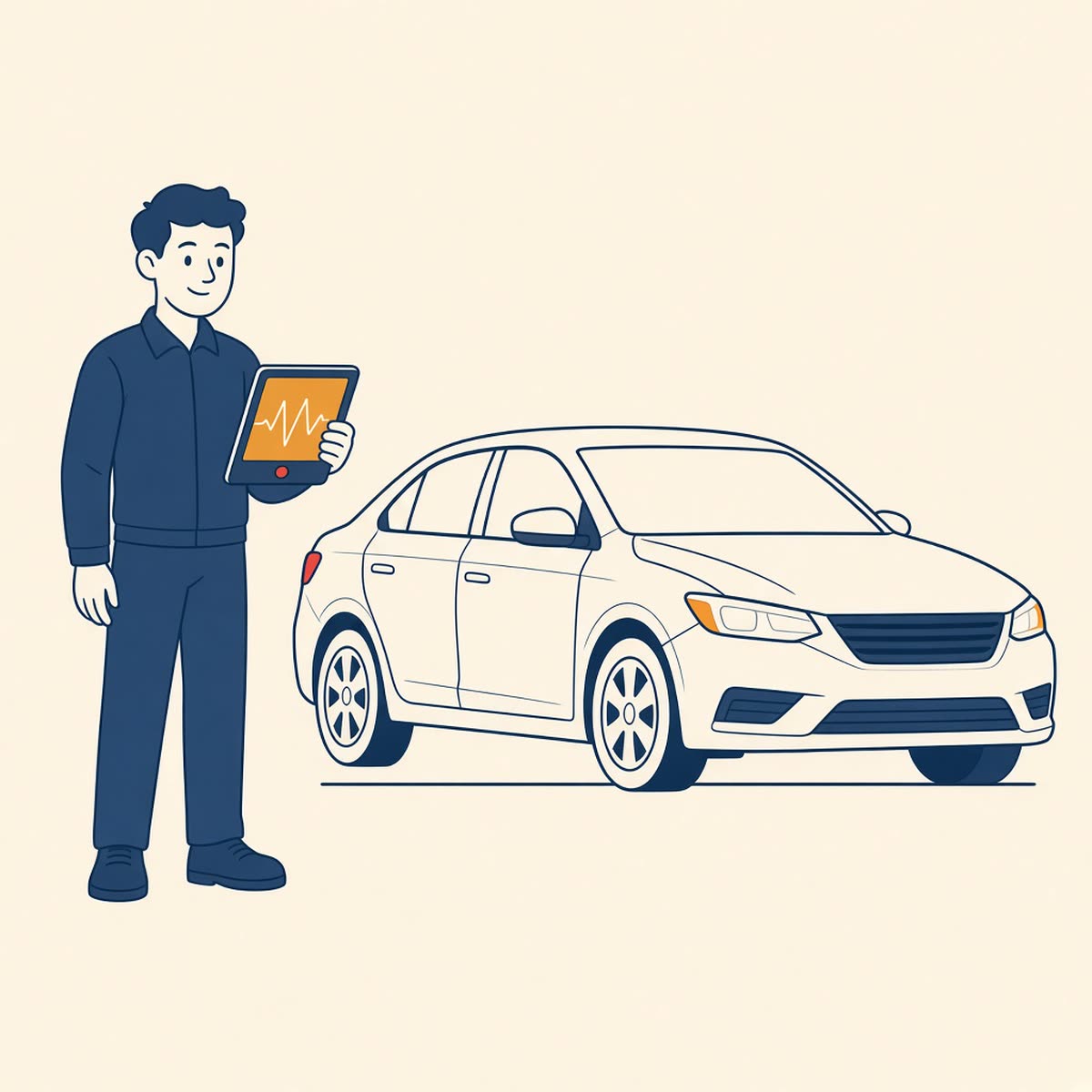 Line drawing of a technician holding a diagnostic tablet beside a car.