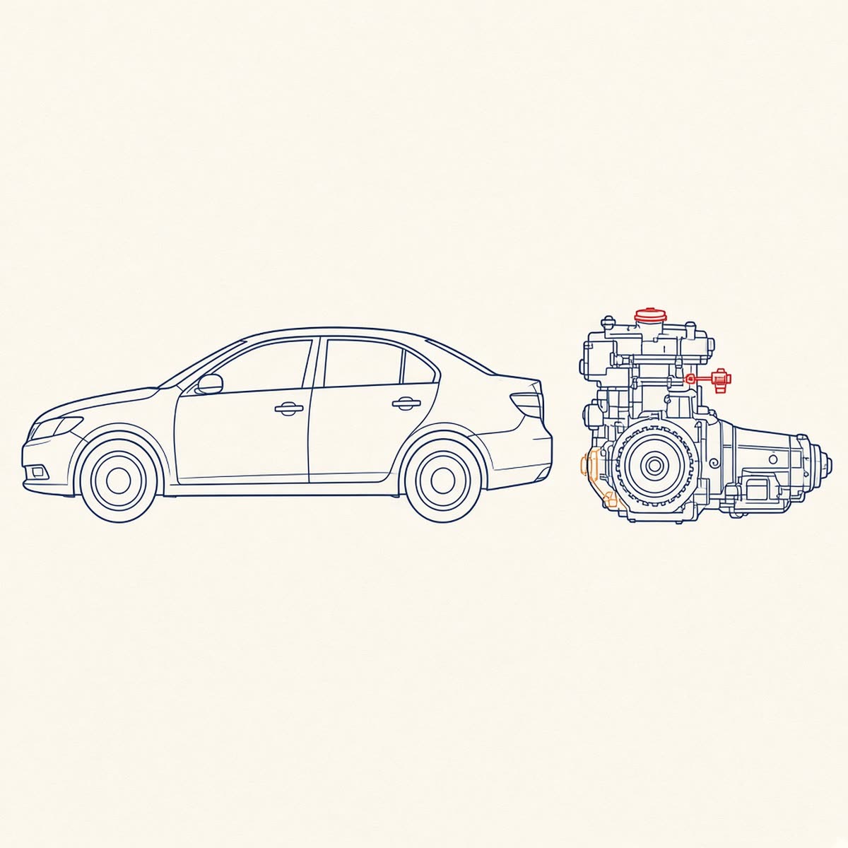 Line drawing of a sedan with its hood closed and a gear beside it.