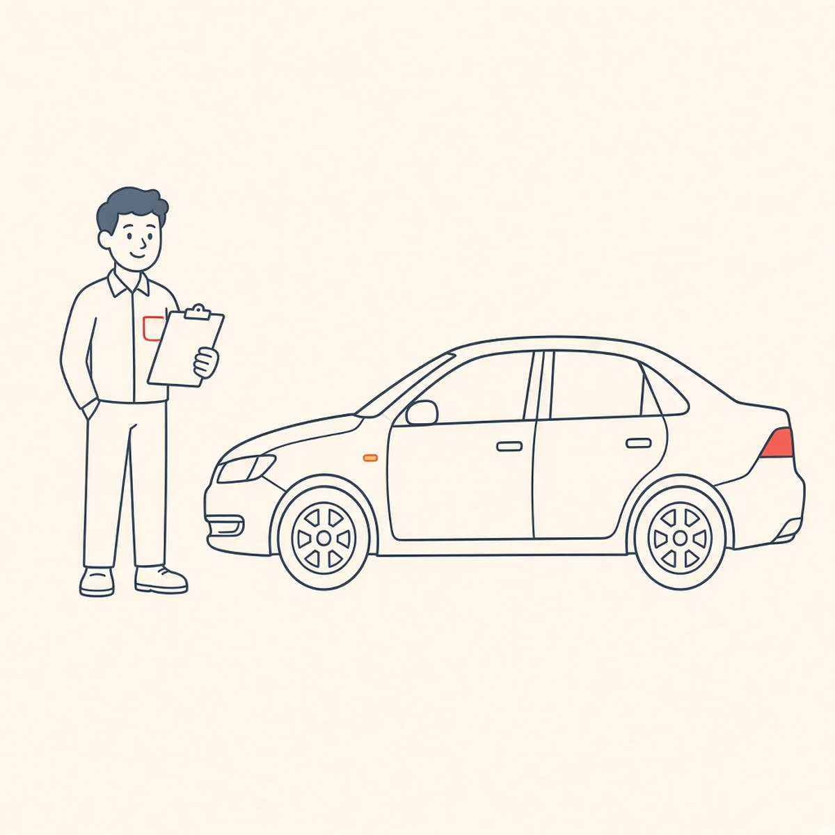 Line drawing of a technician with a clipboard beside a sedan with its hood closed.