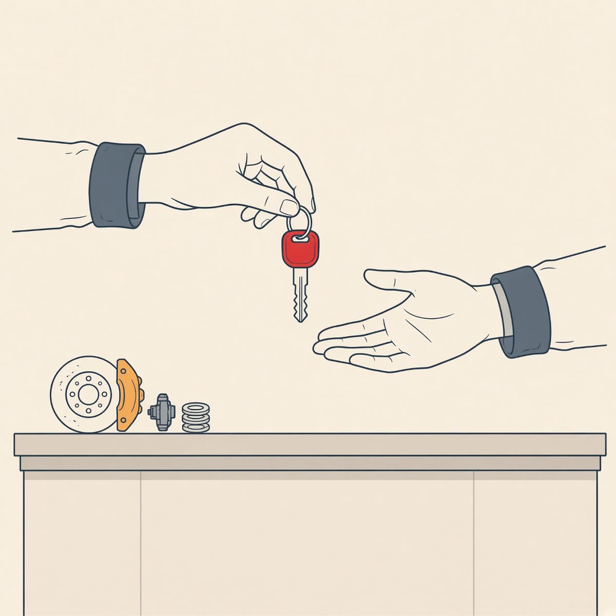 Line drawing of a hand passing a key to another hand over a service counter.