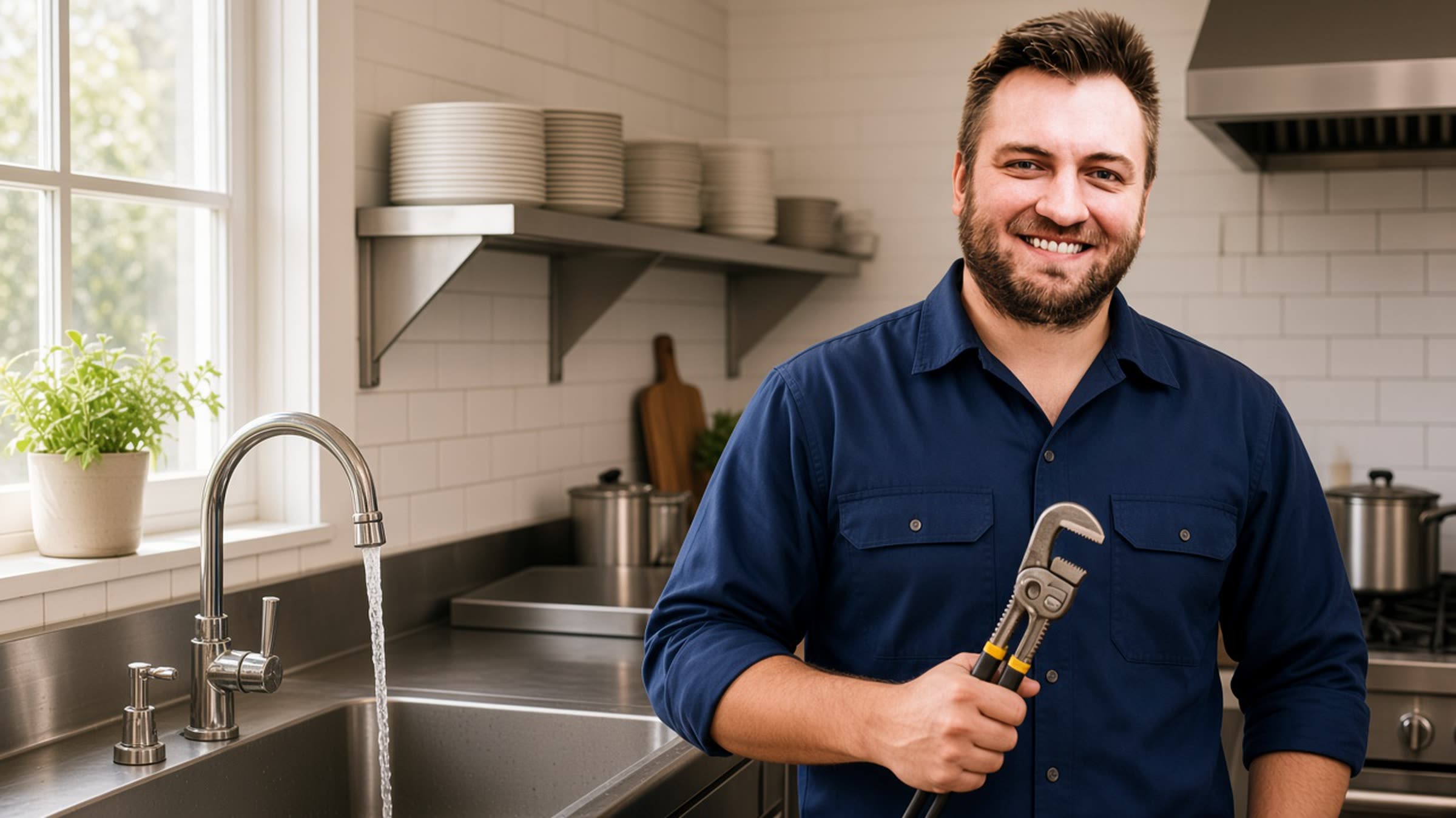 A smiling commercial plumber holding a wrench beside a running faucet in a stainless restaurant kitchen