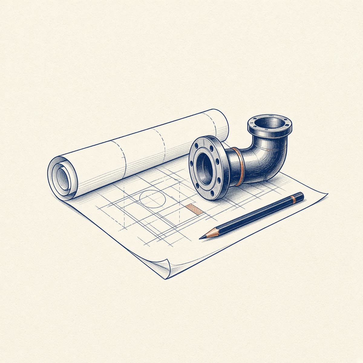 Line drawing of a rolled blueprint with a pipe fitting