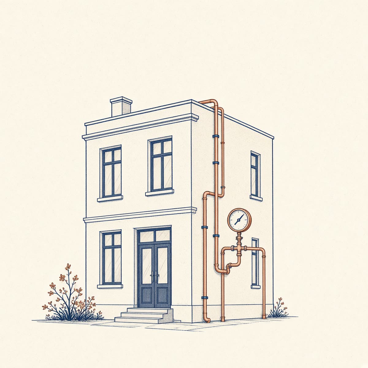 Line drawing of a commercial building with new copper supply pipes