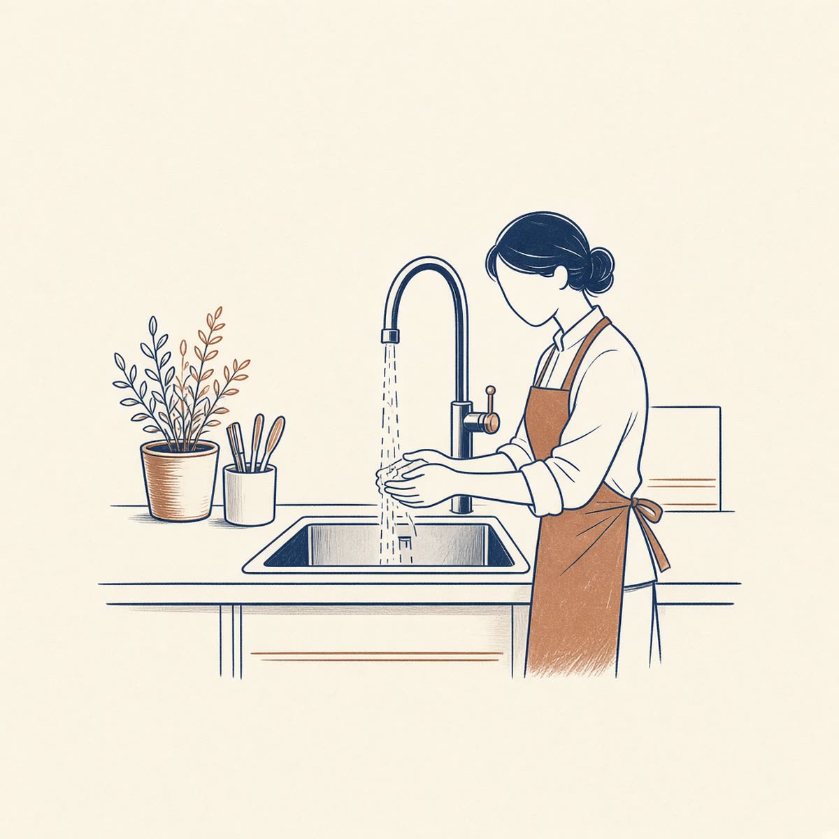 Line drawing of a restaurant kitchen sink with a running faucet