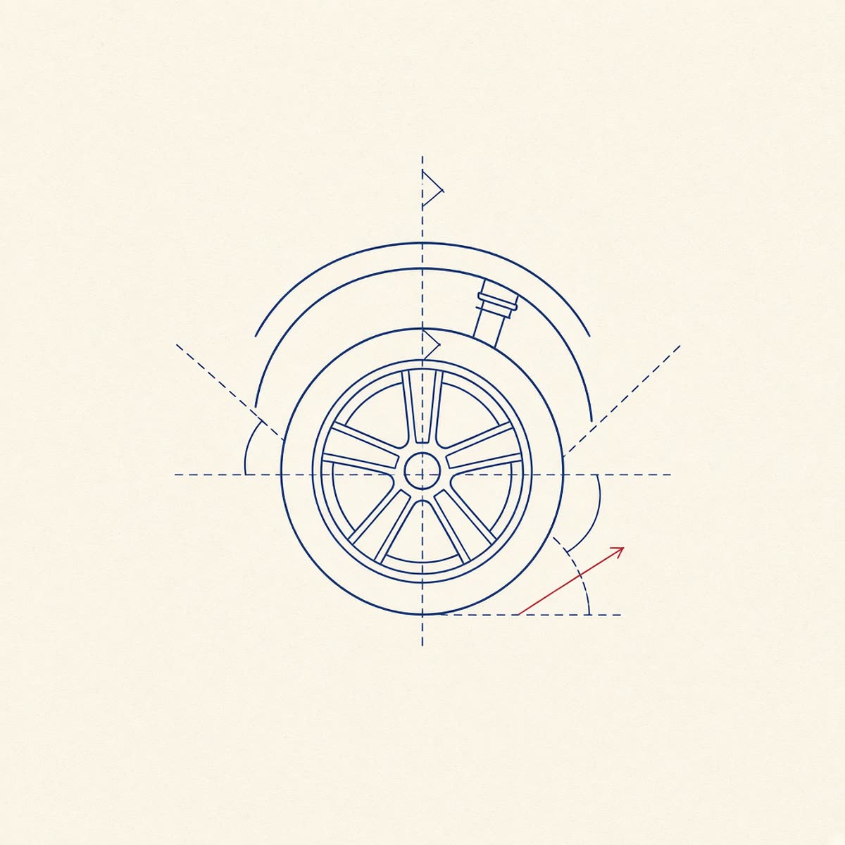 Line drawing of a front wheel with alignment guides.