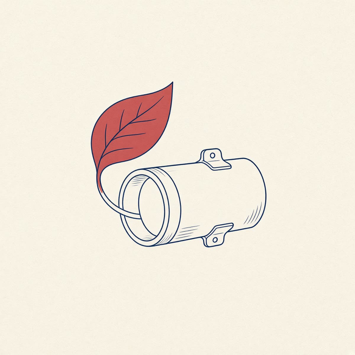 Line drawing of a tailpipe with a checkmark leaf.