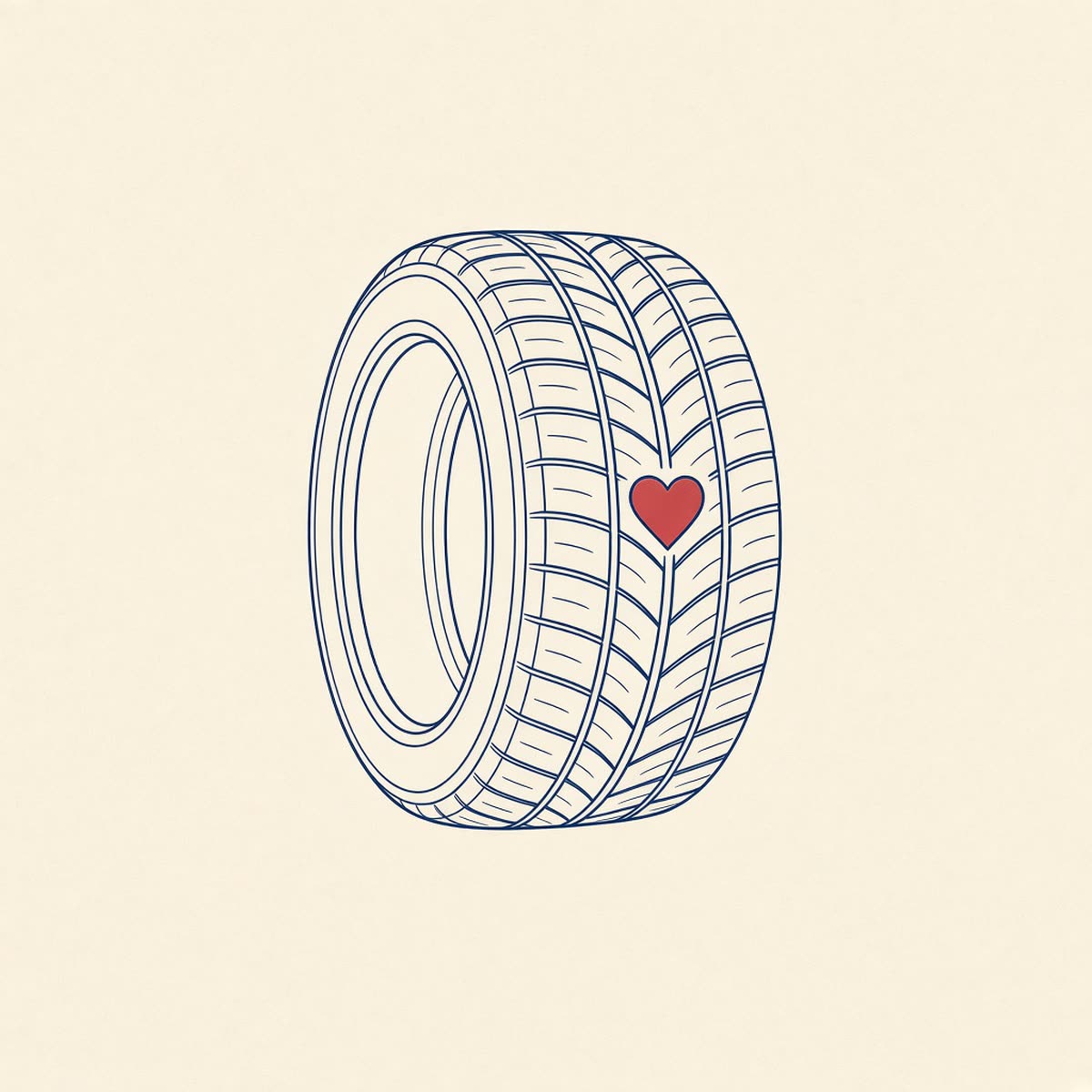 Line drawing of a tire with a heart in the tread.