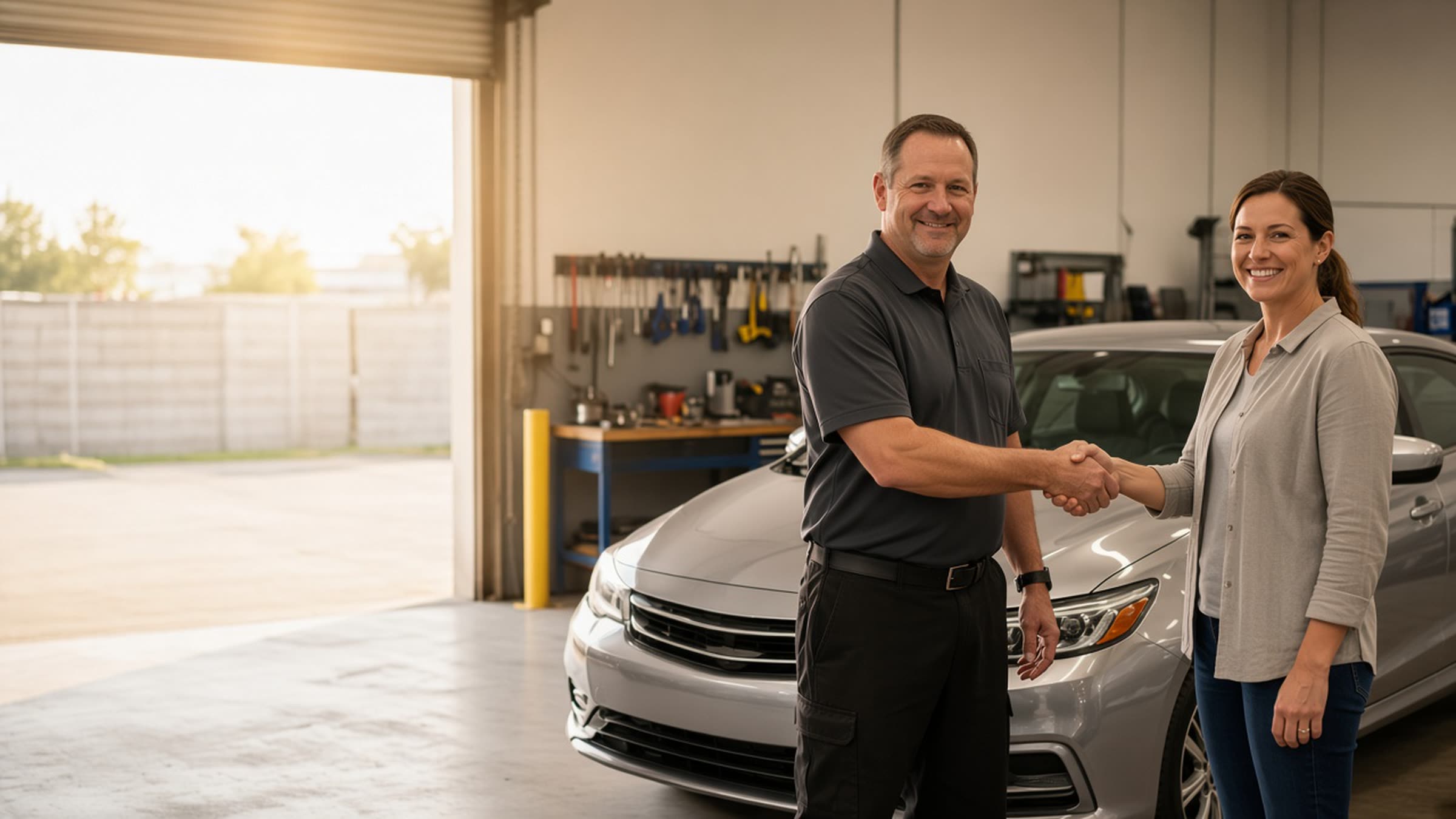 A technician handing keys back to a smiling driver beside her repaired silver coupe in front of the Van Nuys shop.