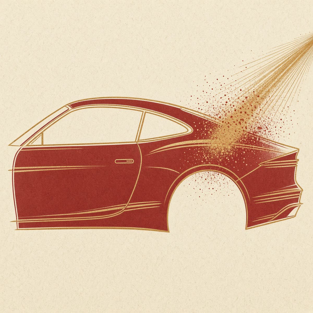 Line drawing of a red coupe body panel with a paint spray fan in deep red and gold.