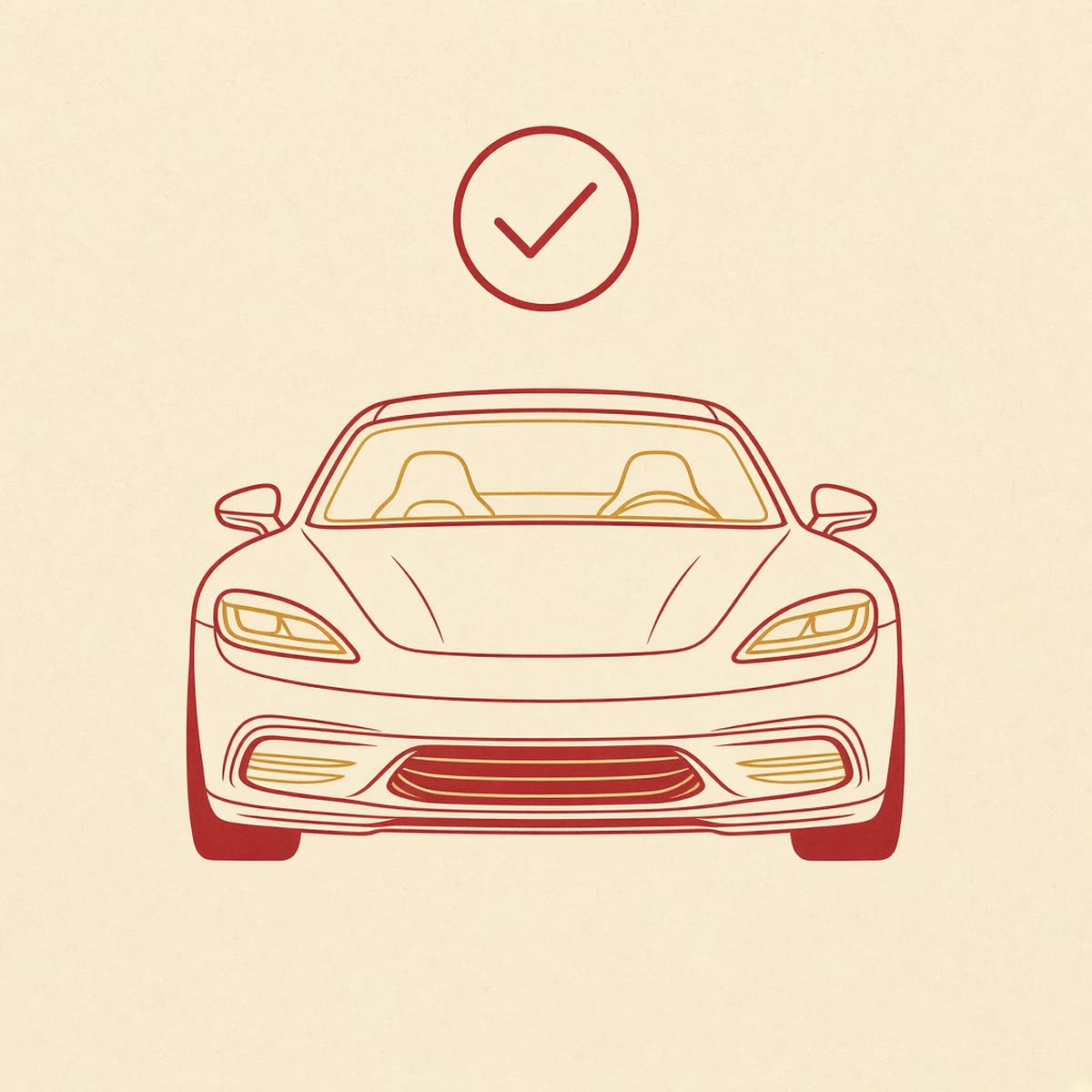 Line drawing of a Porsche-style sports car front with a checkmark badge in deep red and gold.