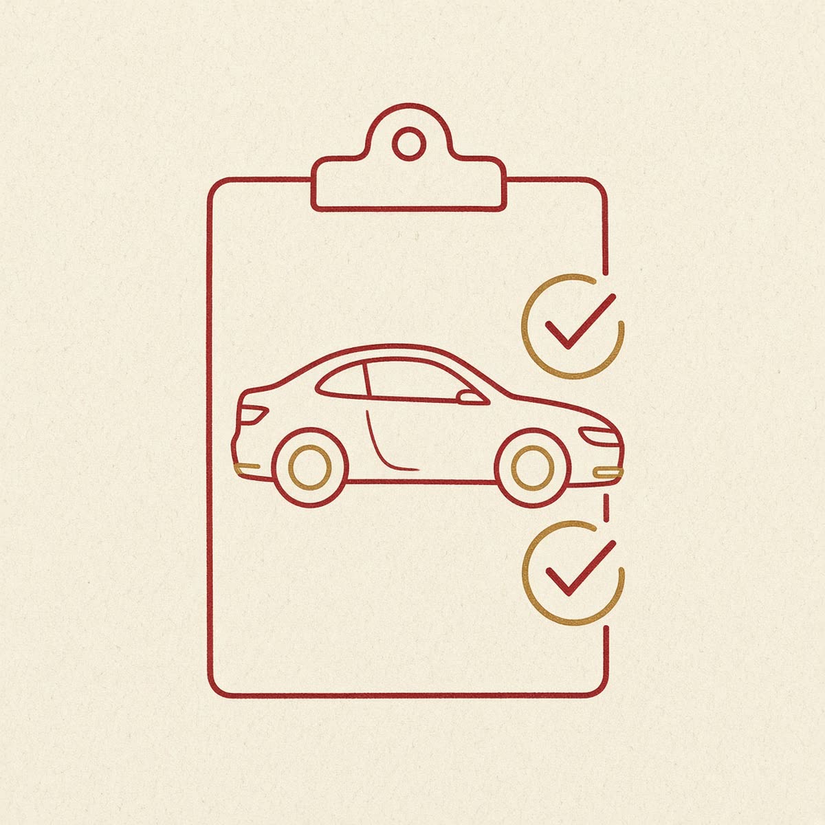 Line drawing of a clipboard with a car outline and check marks in deep red and gold.