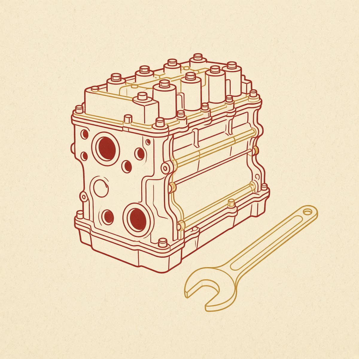 Line drawing of an engine block with a wrench beside it in deep red and gold.