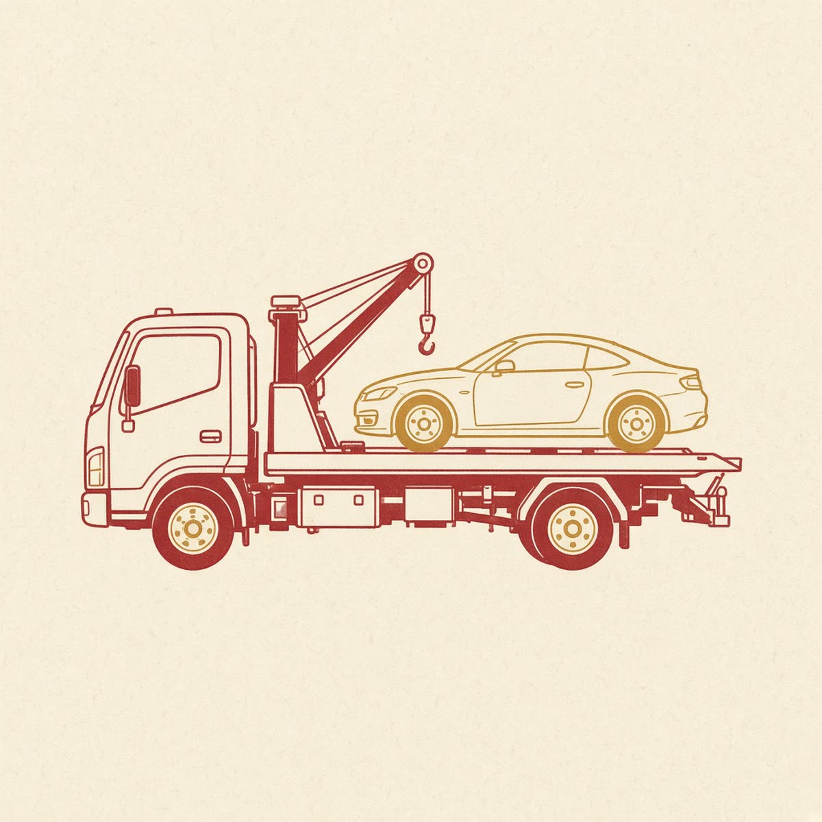 Line drawing of a tow truck carrying a coupe in deep red and gold.