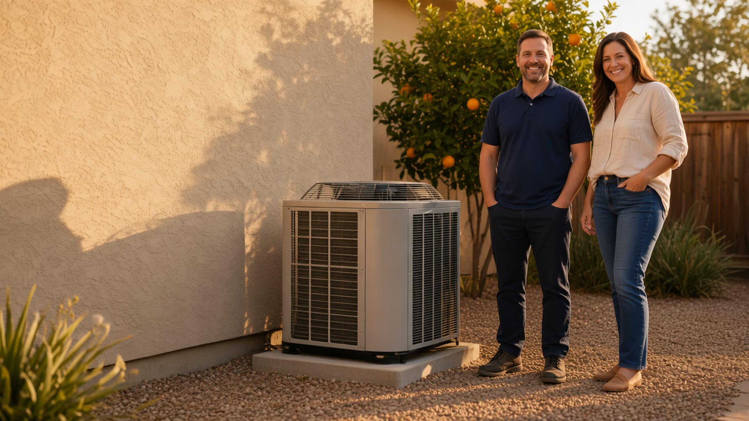 Vardan the HVAC owner talking with a homeowner beside a closed outdoor condenser at a Granada Hills house.
