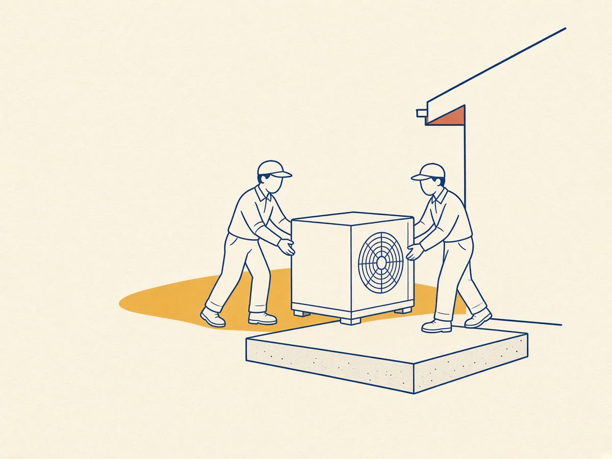 Line drawing of two workers setting a closed condenser pad beside a house.