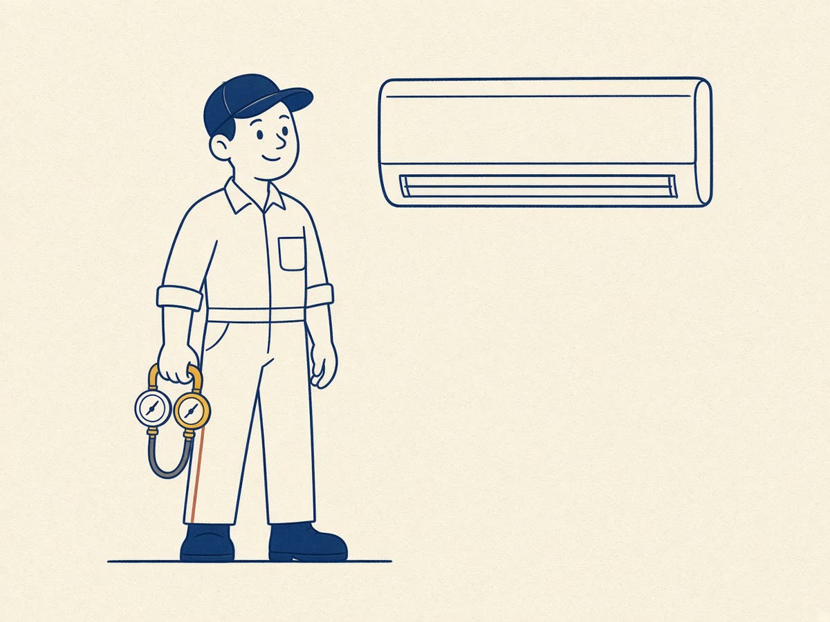 Line drawing of a technician beside a closed wall-mounted air conditioner.