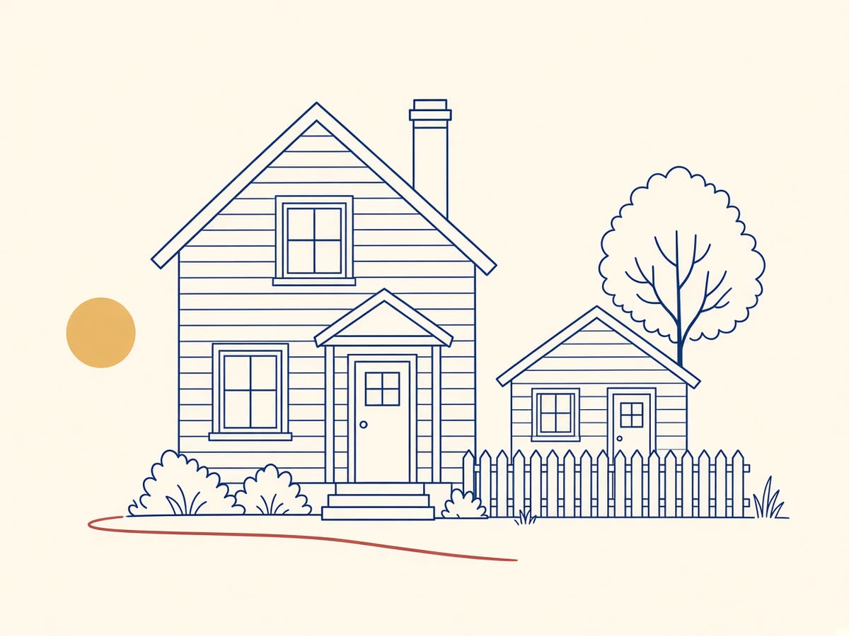 Line drawing of a small two-story house with a side ADU and a fence.