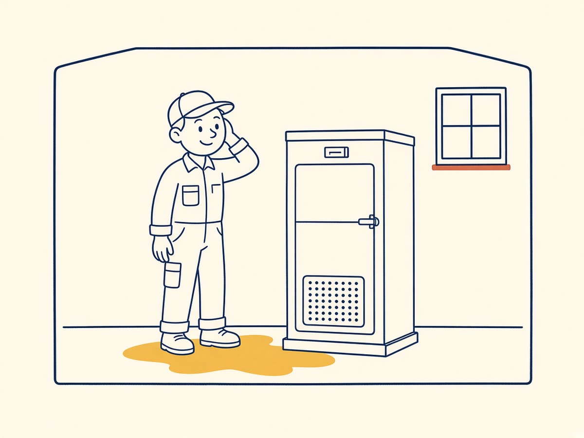 Line drawing of a technician beside a closed furnace cabinet in a garage.