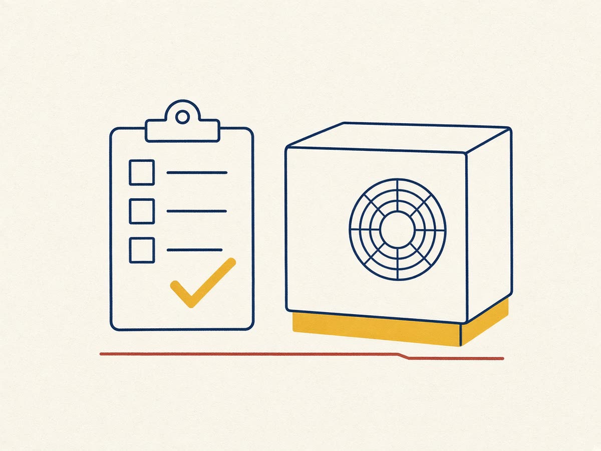 Line drawing of a clipboard checklist beside a closed air handler.