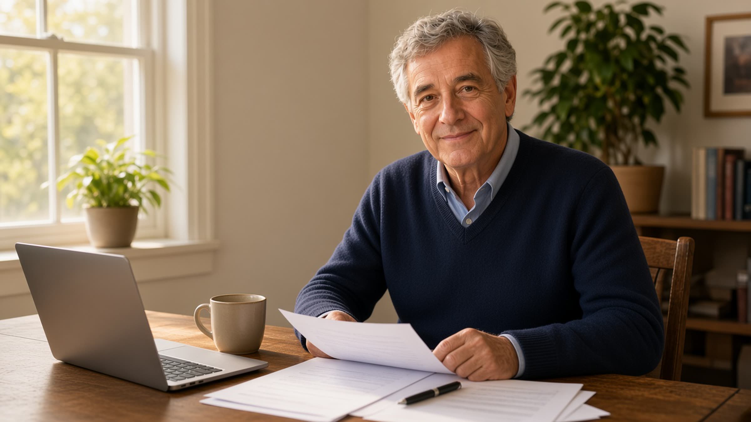 A CPA talking with a client at a desk in a bright Encino office.