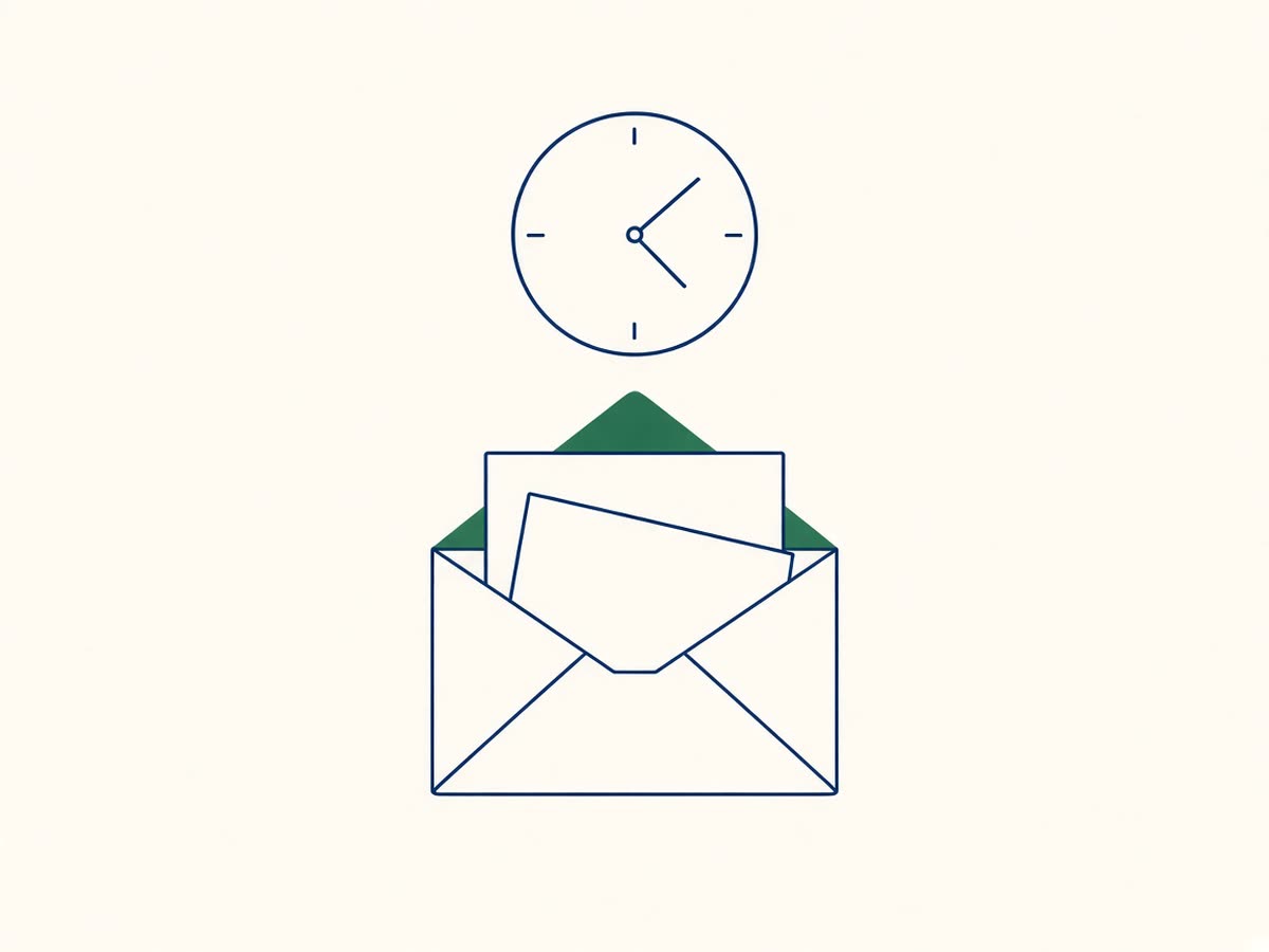 Line drawing of a paycheck with a clock.