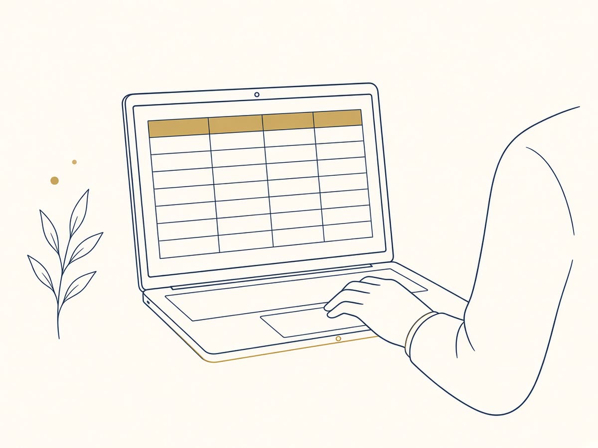 Line drawing of a laptop showing a simple ledger.