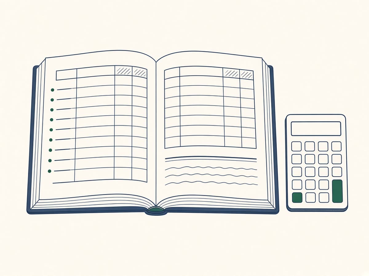 Line drawing of a ledger book with a calculator.