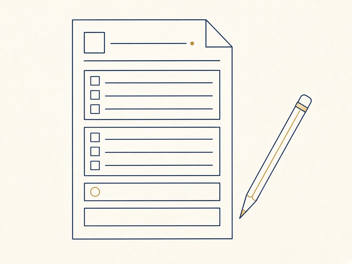 Line drawing of a tax return form with a pencil.