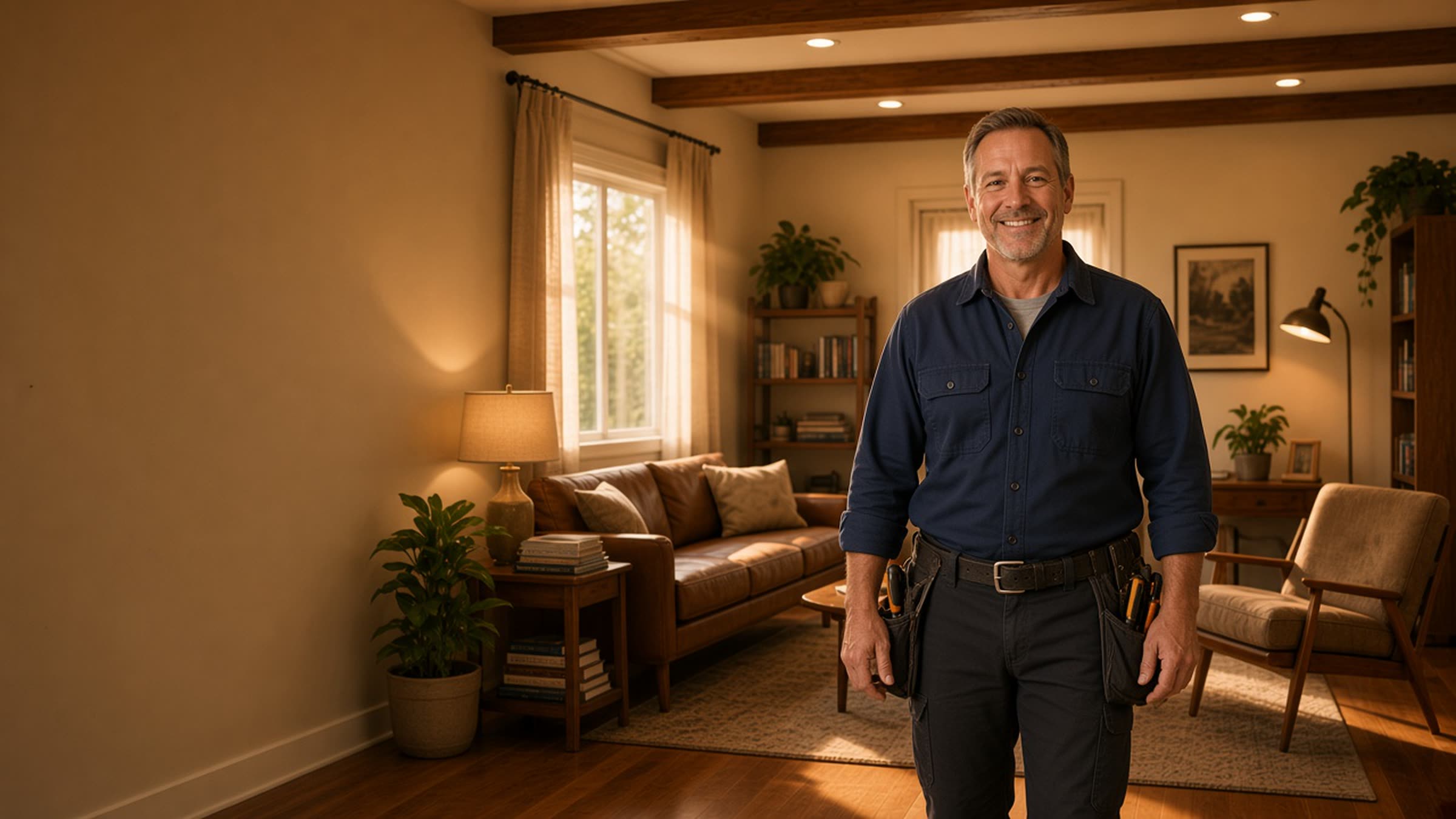 A smiling electrician in a navy work shirt standing in a warmly lit living room in Marina Del Rey.