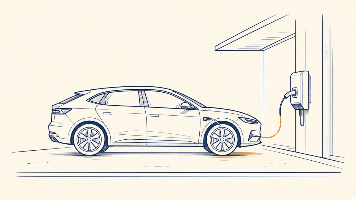 Line drawing of an electric car charging at a wall charger in a garage.