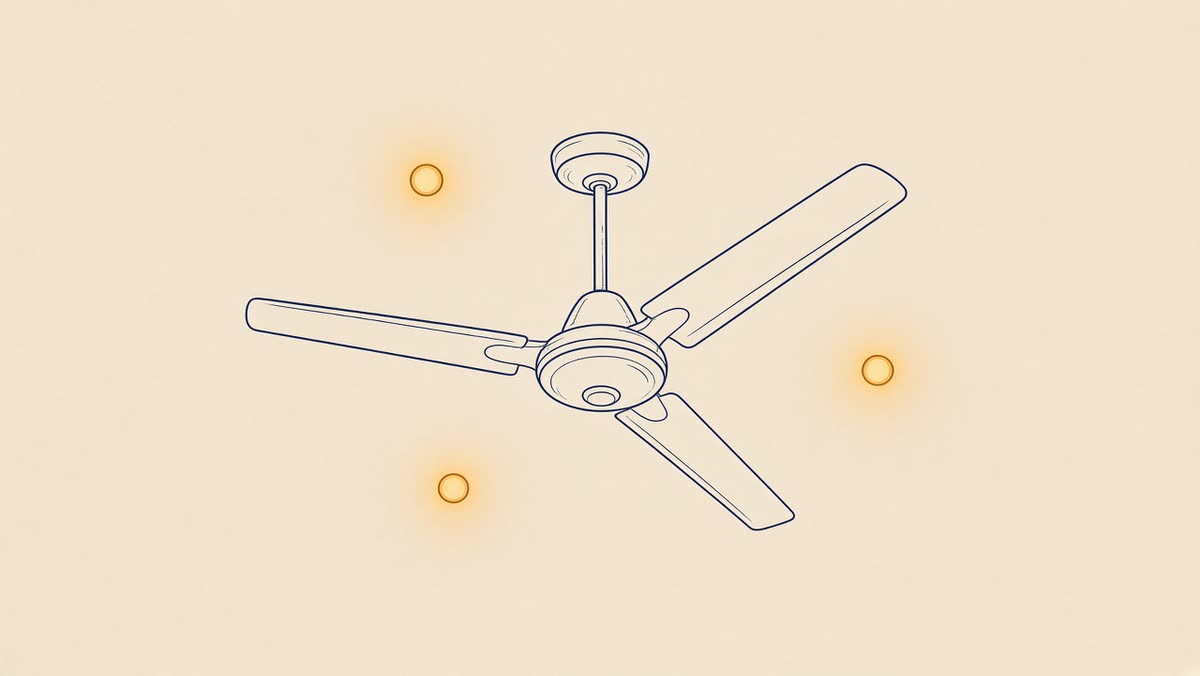 Line drawing of a ceiling fan under a recessed light.