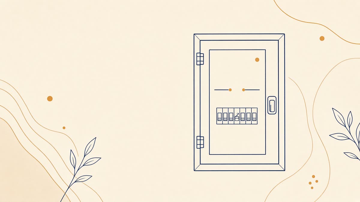 Line drawing of a closed electrical panel with labeled breakers.