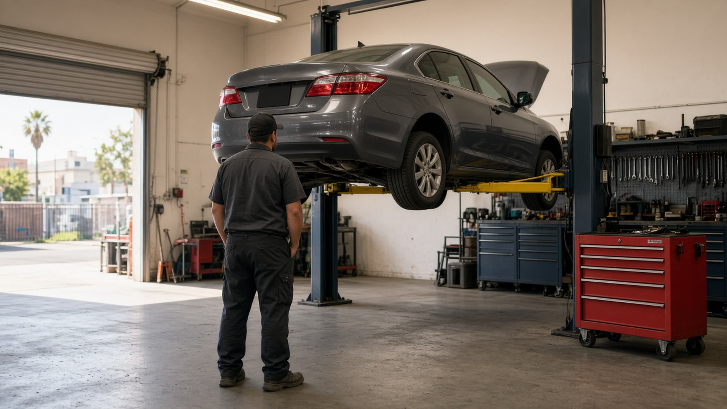 Mechanic standing beside a car on a lift in a Van Nuys auto repair shop