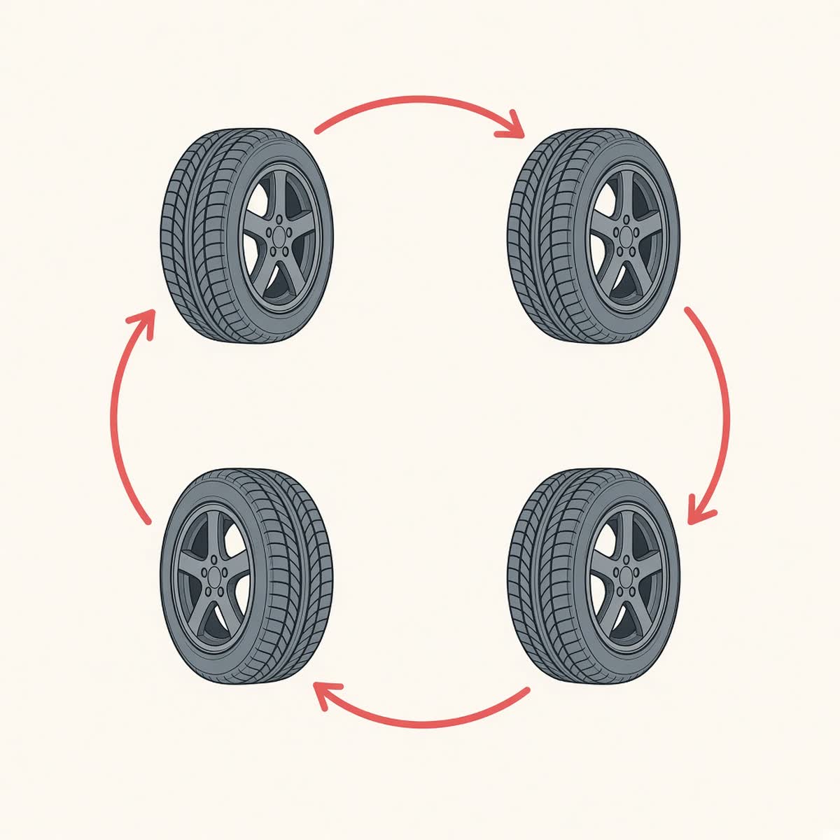 Flat illustration of four tires in a rotation pattern