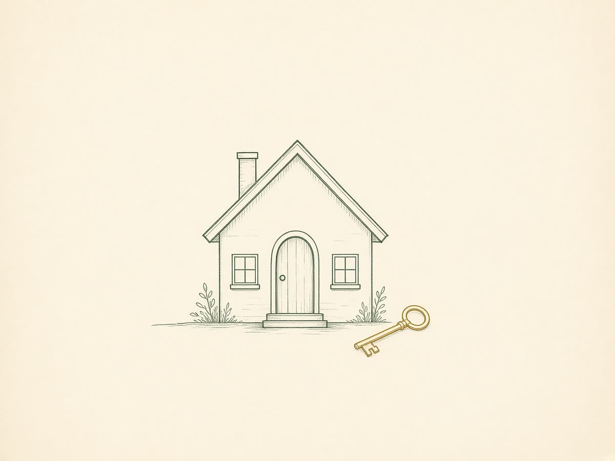 Line drawing of a house with a key beside it.