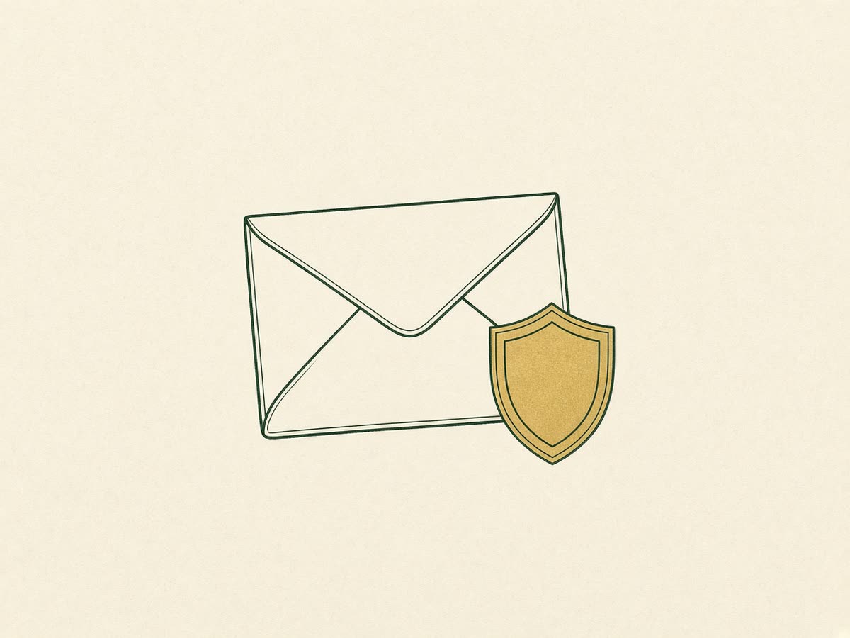 Line drawing of an envelope with a shield in front of it.