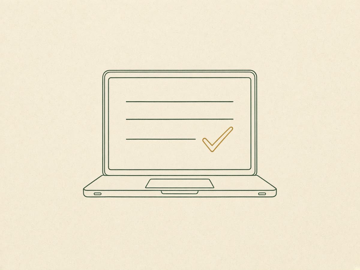 Line drawing of a laptop showing a simple ledger.